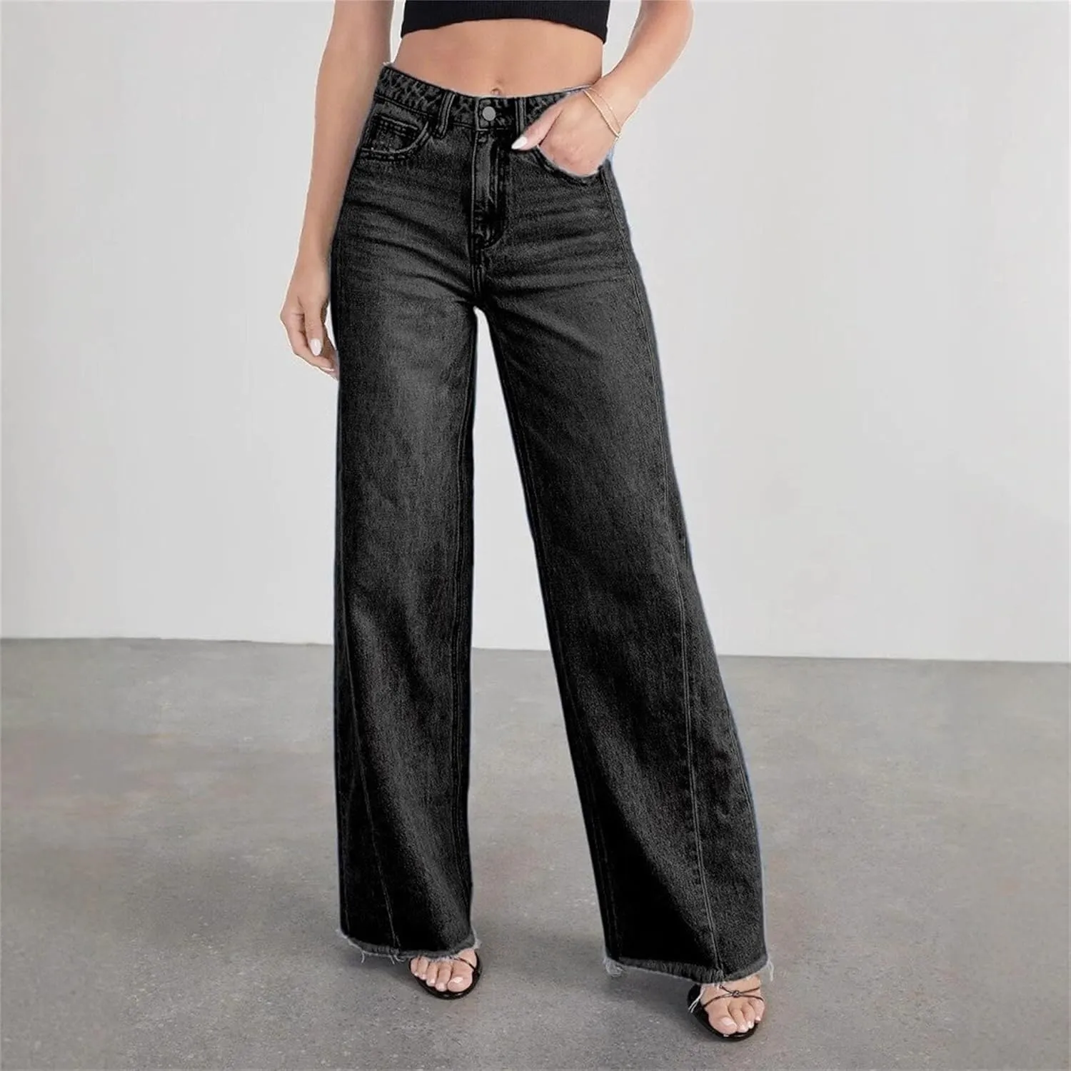 Women's Fashion Straight High Waist Jeans Business Stretch Loose Pants Casual Curve Jeans Solid Color Wide Leg Pants