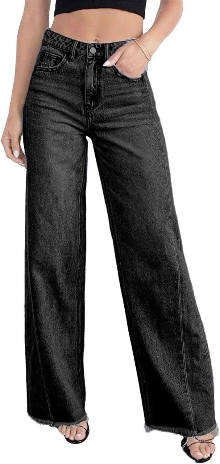 Women's Fashion Straight High Waist Jeans Business Stretch Loose Pants Casual Curve Jeans Solid Color Wide Leg Pants