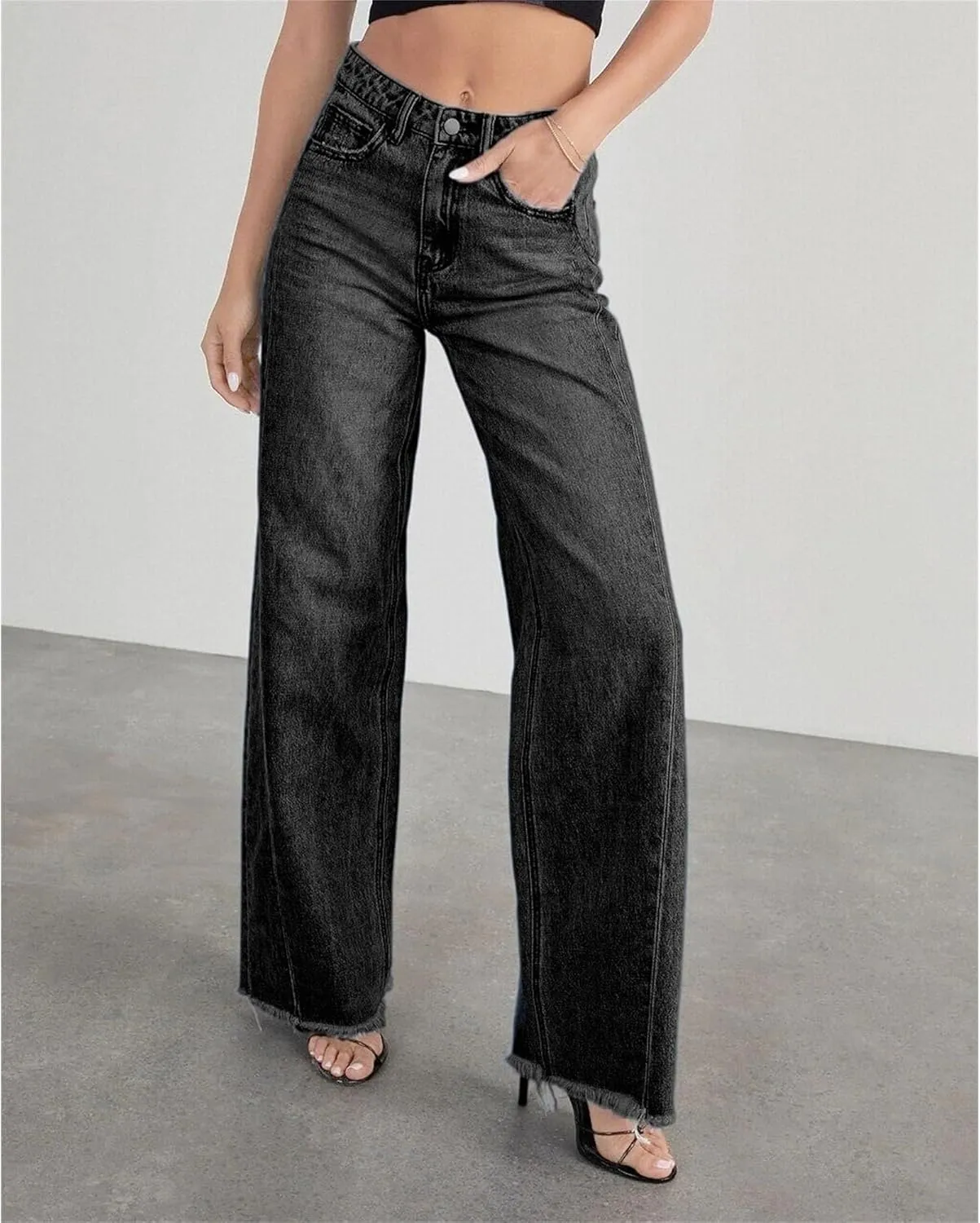 Women's Fashion Straight High Waist Jeans Business Stretch Loose Pants Casual Curve Jeans Solid Color Wide Leg Pants