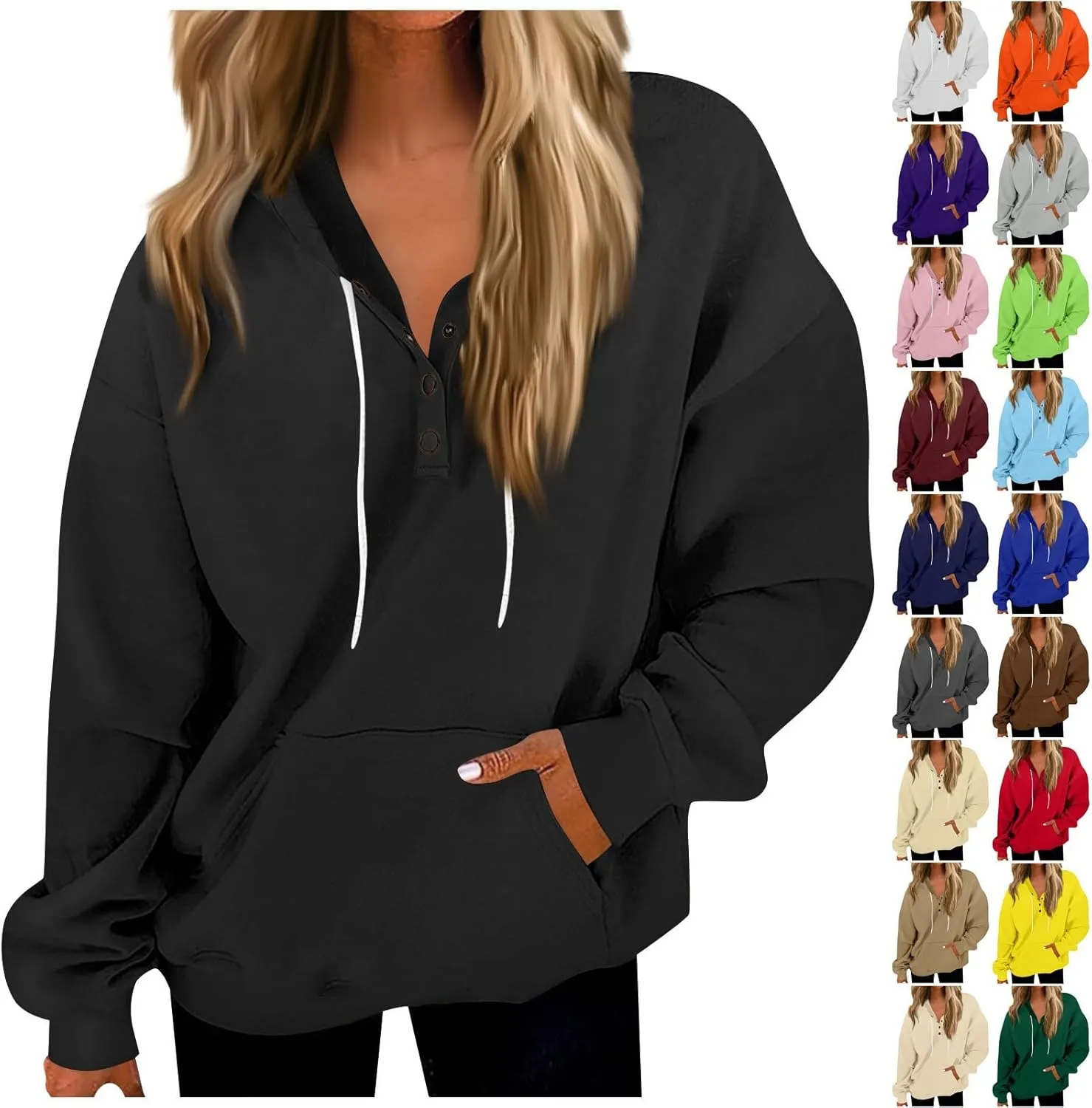 Womens Fleece Button Oversized Sweatshirt Drawstring Lightweight Baggy Hoodie Drop Shoulder Hooded Pullover w/Pockets