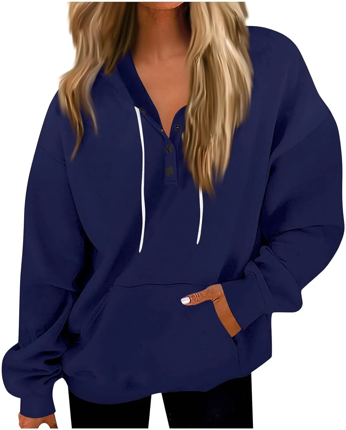 Womens Fleece Button Oversized Sweatshirt Drawstring Lightweight Baggy Hoodie Drop Shoulder Hooded Pullover w/Pockets