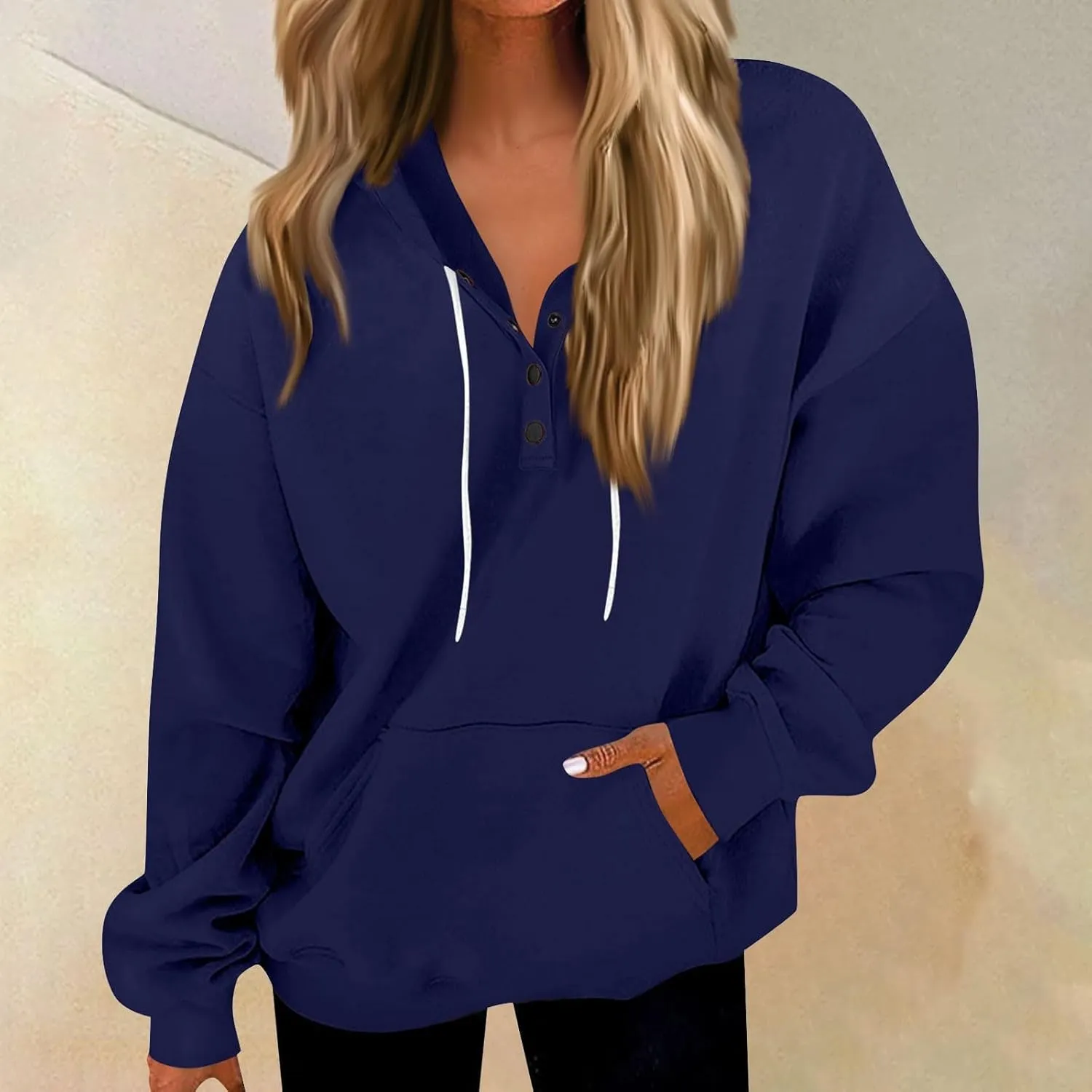 Womens Fleece Button Oversized Sweatshirt Drawstring Lightweight Baggy Hoodie Drop Shoulder Hooded Pullover w/Pockets