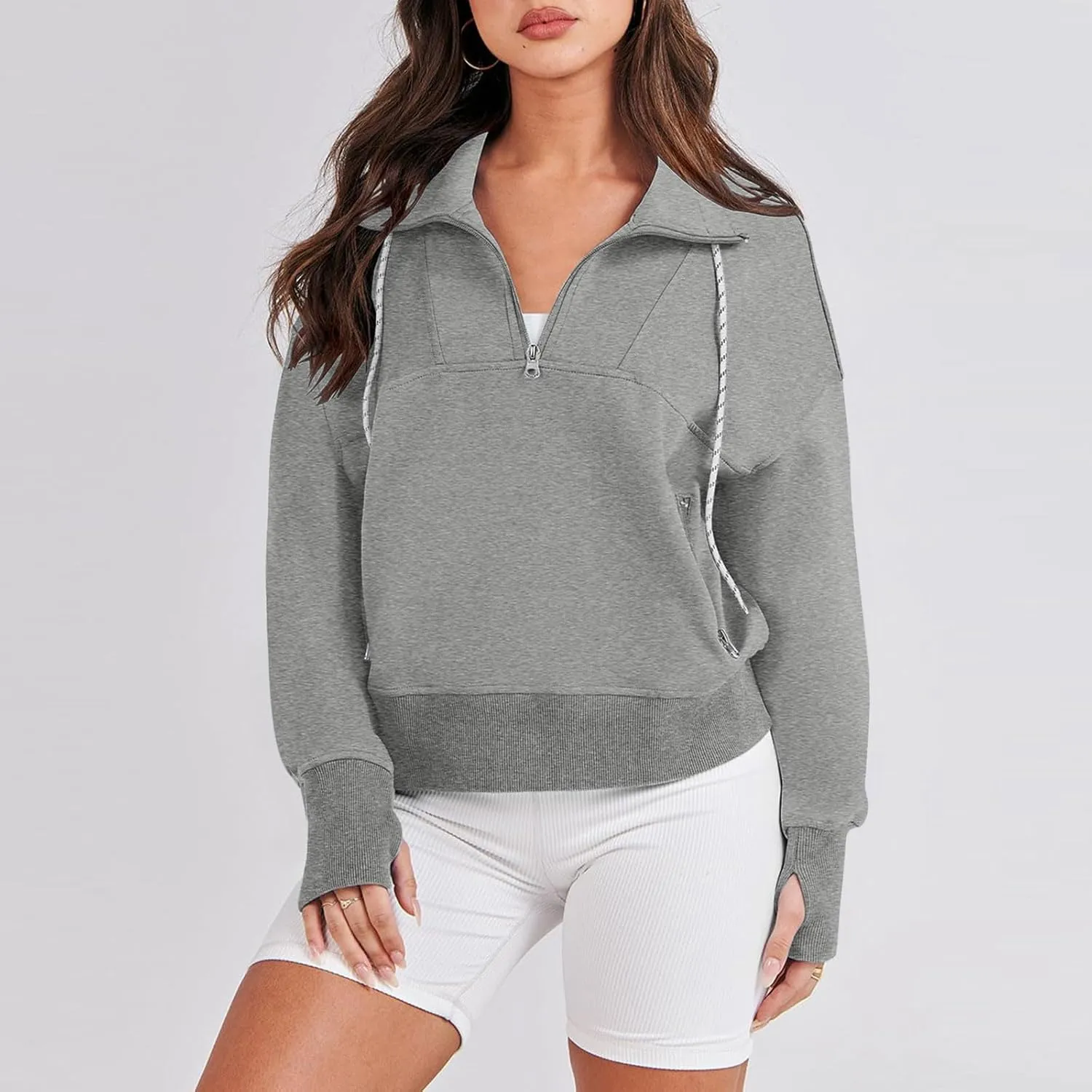 Womens Half Zip Cropped Sweatshirts Fleece Pullover Quarter Zipper Hoodie Oversized Fall Clothes 2023 Trendy Thumb Hole