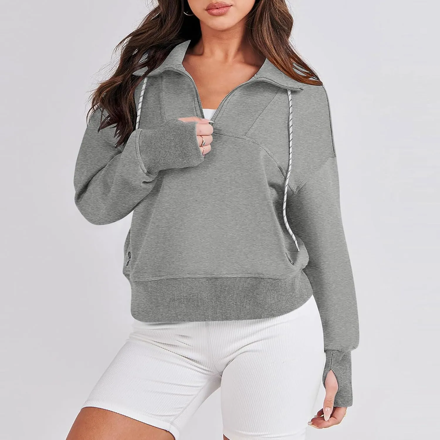 Womens Half Zip Cropped Sweatshirts Fleece Pullover Quarter Zipper Hoodie Oversized Fall Clothes 2023 Trendy Thumb Hole