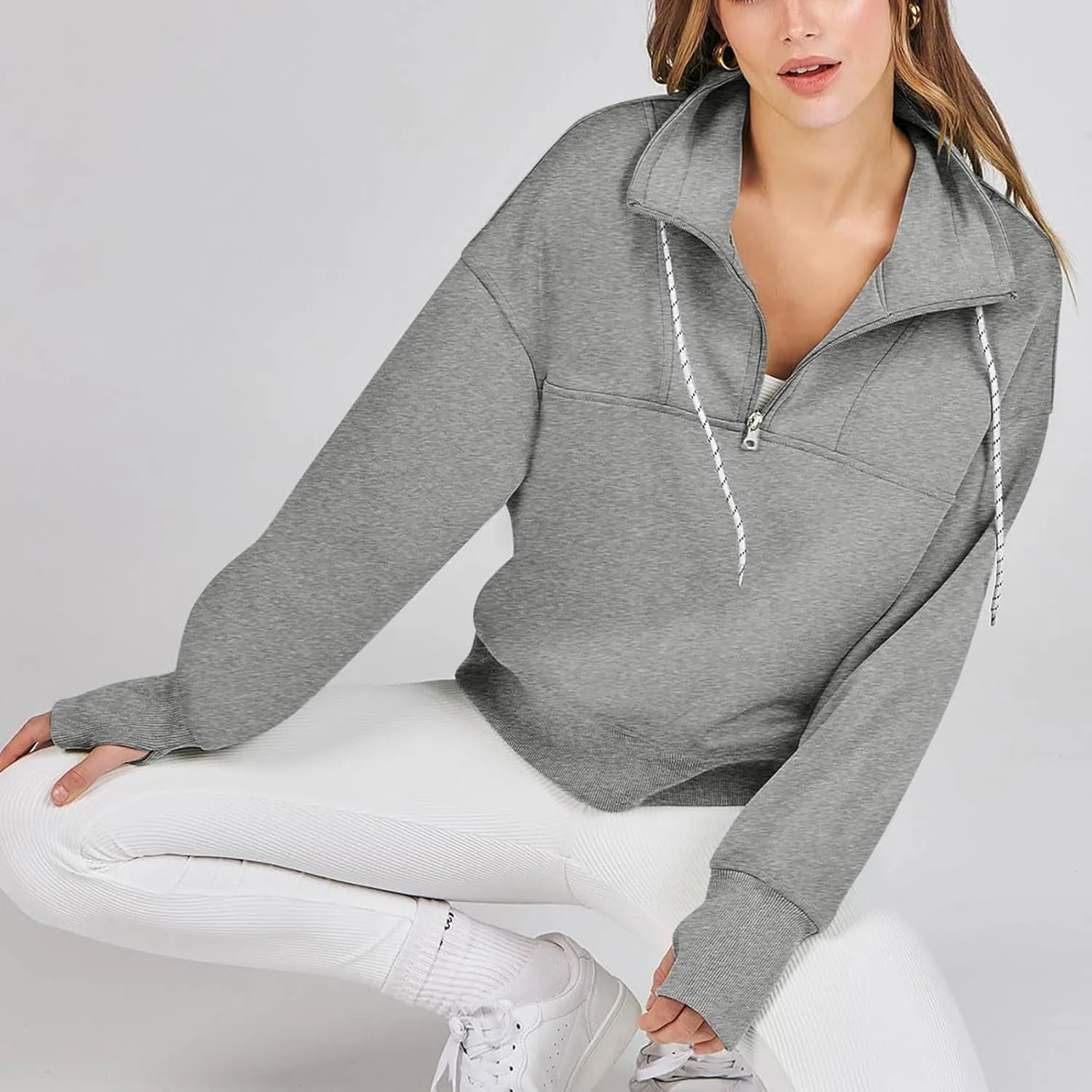Womens Half Zip Cropped Sweatshirts Fleece Pullover Quarter Zipper Hoodie Oversized Fall Clothes 2023 Trendy Thumb Hole