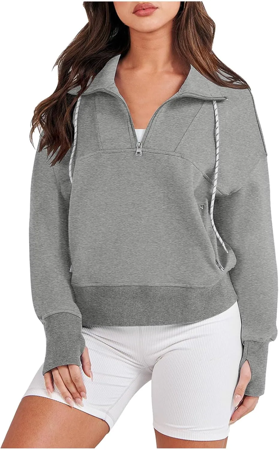 Womens Half Zip Cropped Sweatshirts Fleece Pullover Quarter Zipper Hoodie Oversized Fall Clothes 2023 Trendy Thumb Hole