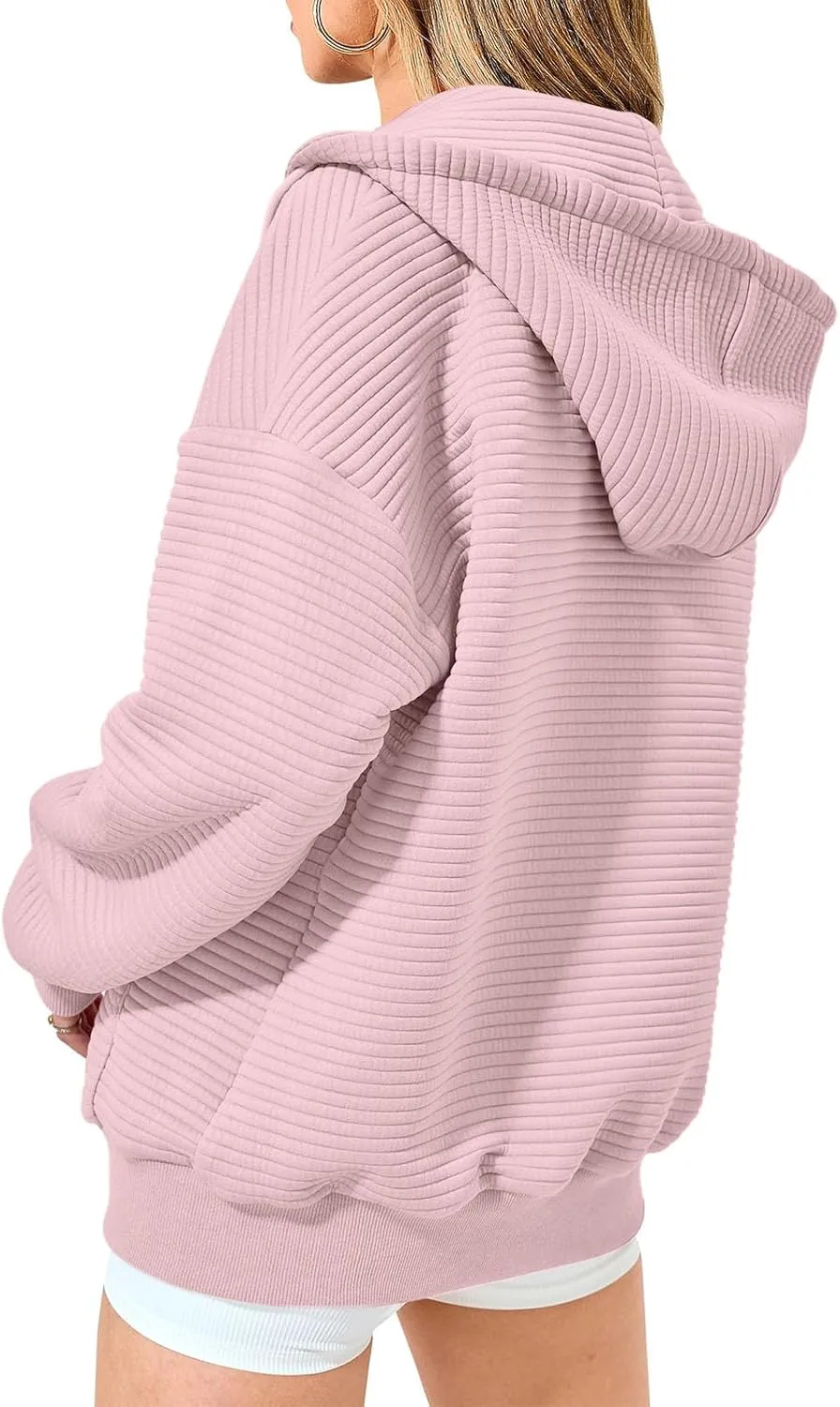 Womens Hoodies Zip Up Ribbed Knitted Fleece Sweatshirt Long Sleeve Oversized Sweaters with Pockets Fall Outfits 2024