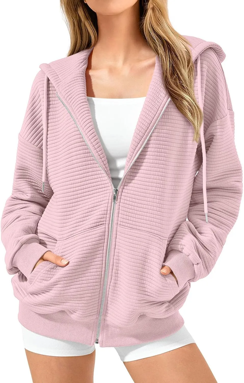 Womens Hoodies Zip Up Ribbed Knitted Fleece Sweatshirt Long Sleeve Oversized Sweaters with Pockets Fall Outfits 2024