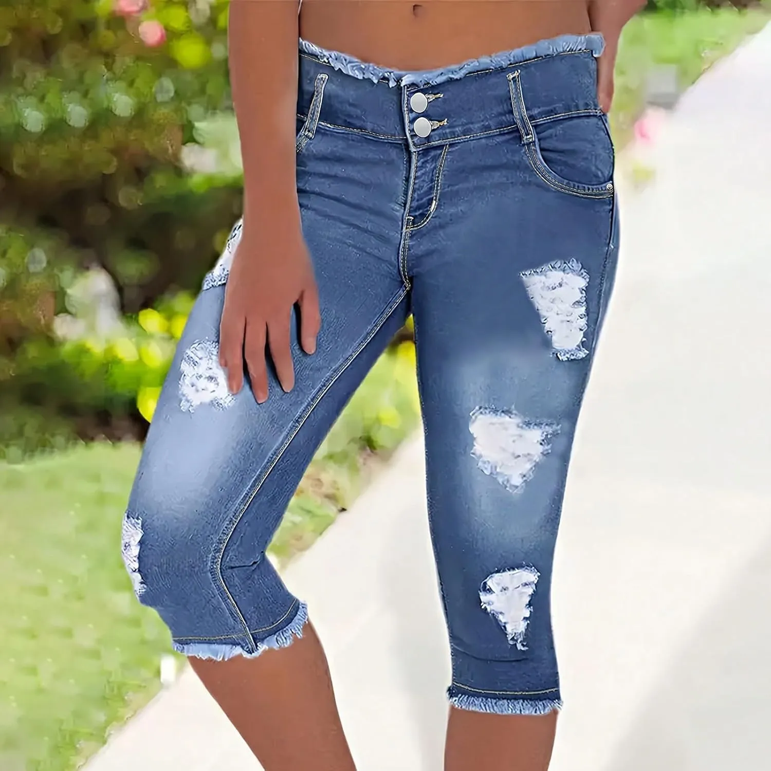 Womens Jean Capris Stretchy Low Rise Ripped Skinny Jeans Curvy Distressed Raw Hem Cropped Jean Leggings with Pockets