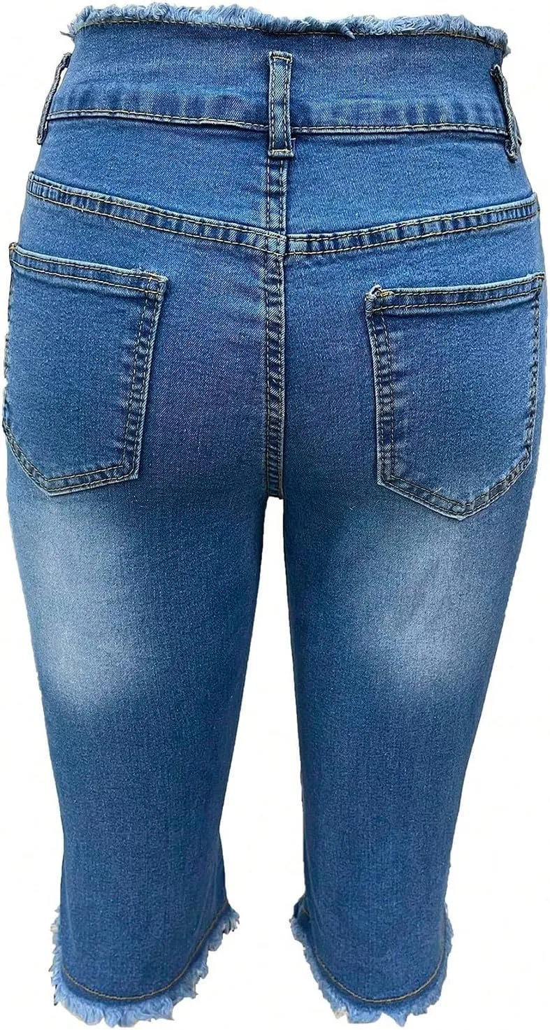 Womens Jean Capris Stretchy Low Rise Ripped Skinny Jeans Curvy Distressed Raw Hem Cropped Jean Leggings with Pockets