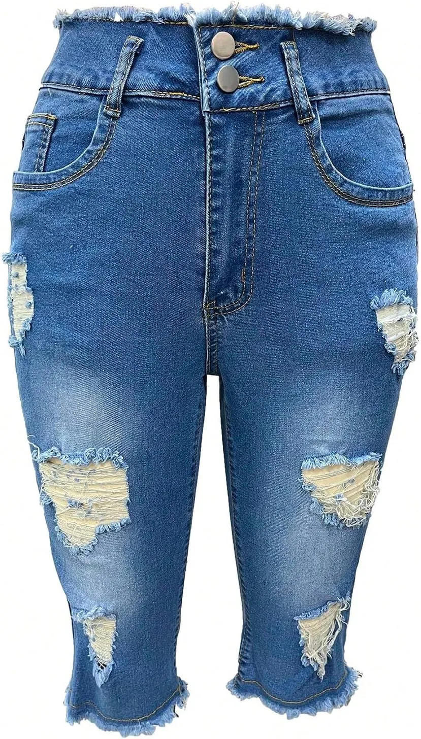 Womens Jean Capris Stretchy Low Rise Ripped Skinny Jeans Curvy Distressed Raw Hem Cropped Jean Leggings with Pockets