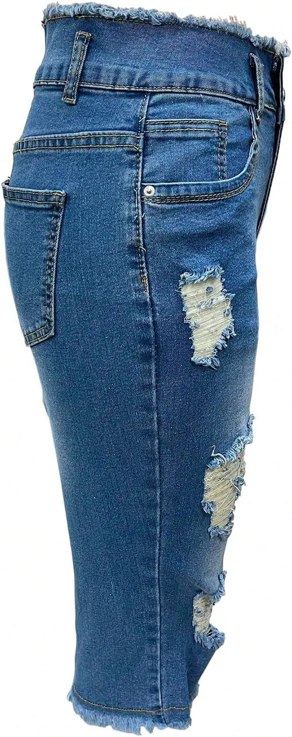 Womens Jean Capris Stretchy Low Rise Ripped Skinny Jeans Curvy Distressed Raw Hem Cropped Jean Leggings with Pockets