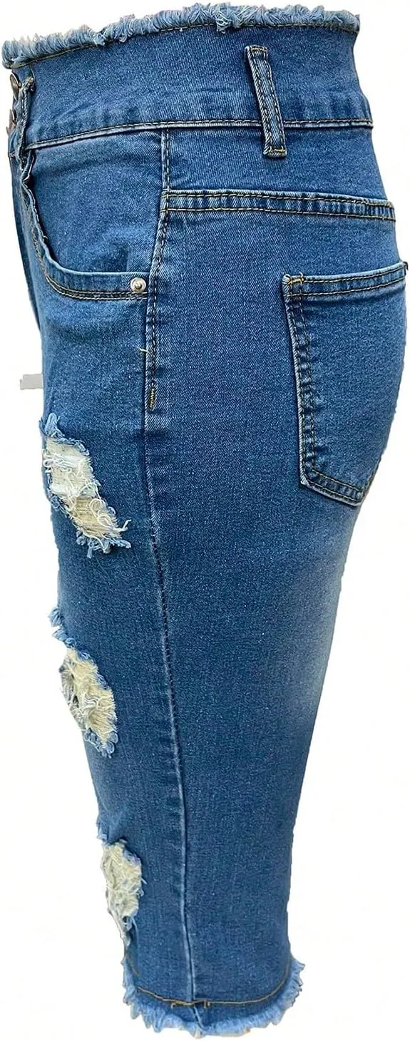 Womens Jean Capris Stretchy Low Rise Ripped Skinny Jeans Curvy Distressed Raw Hem Cropped Jean Leggings with Pockets