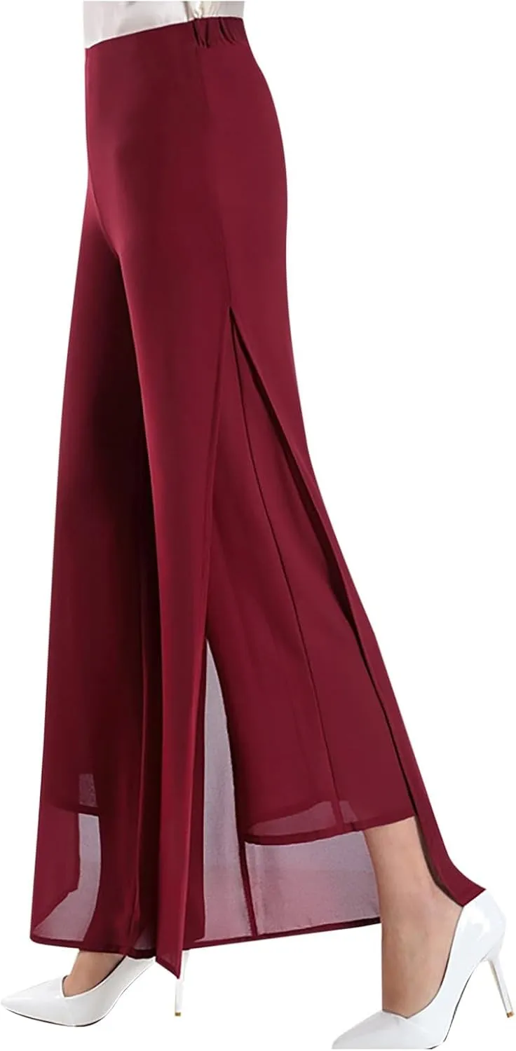 Women's Lightweight Chiffon High Elastic Waist Flowing Trousers Flared Straight Leg Wedding Cocktail Culottes