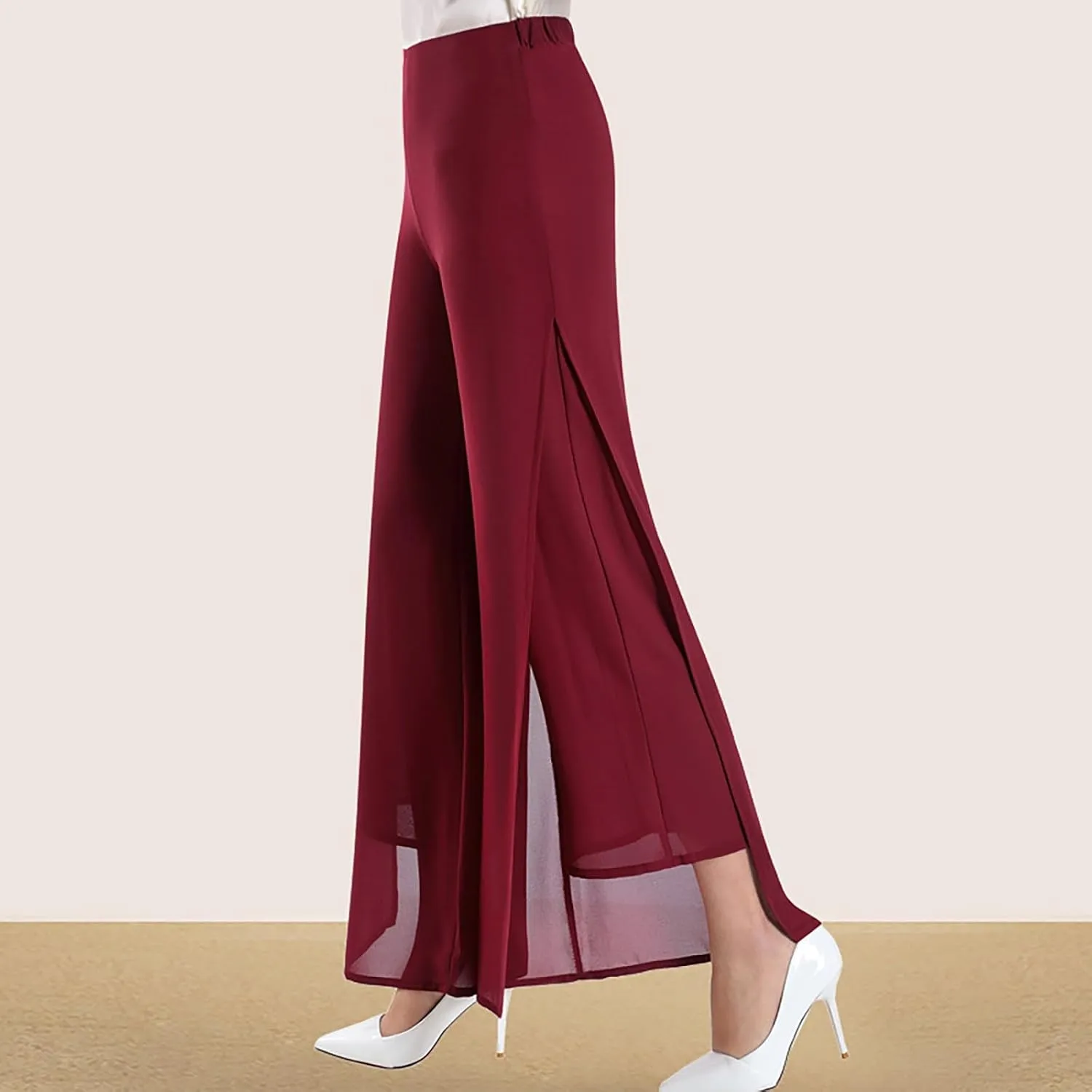 Women's Lightweight Chiffon High Elastic Waist Flowing Trousers Flared Straight Leg Wedding Cocktail Culottes