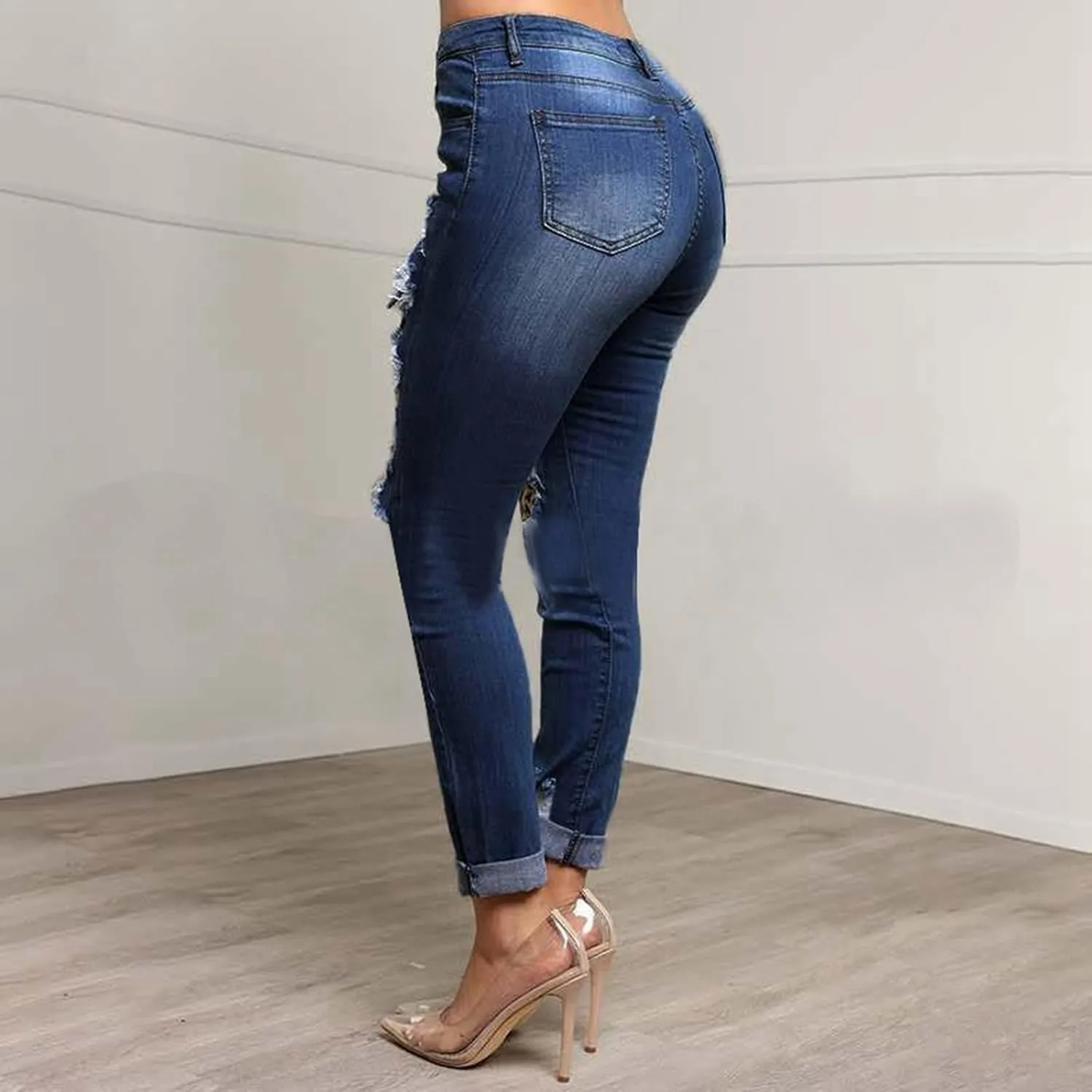 Womens Patch Leopard Ripped Distressed Washed Jeans Stretch Skinny Denim Jeans Boyfriend Trousers Jeans