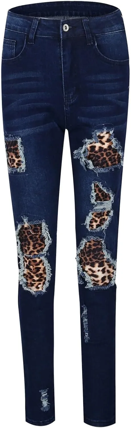 Womens Patch Leopard Ripped Distressed Washed Jeans Stretch Skinny Denim Jeans Boyfriend Trousers Jeans