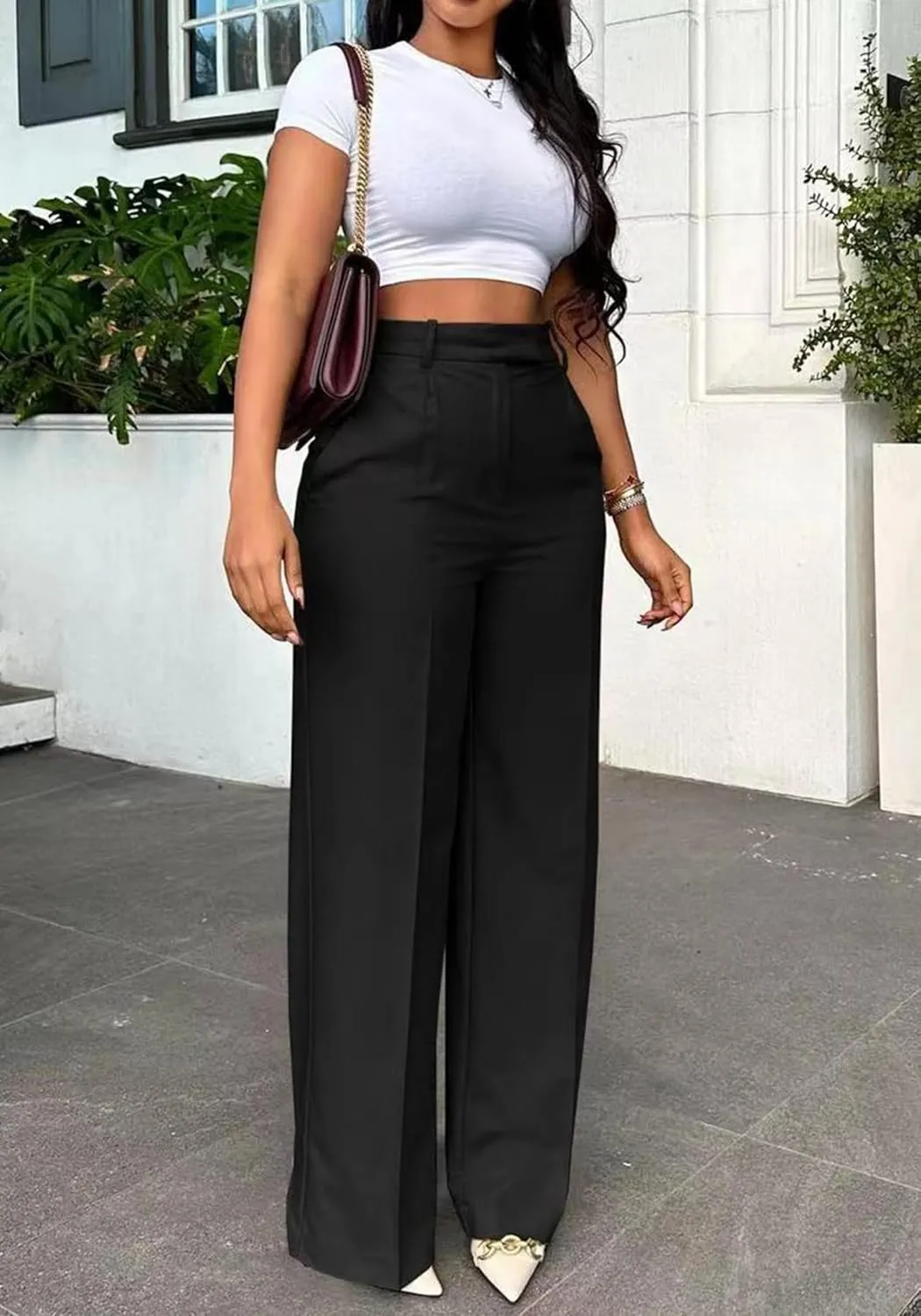 Women's Wide Leg Dress Pants High Waisted Straight Leg Office Casual Trousers with Pockets Work Office Palazzo Pants