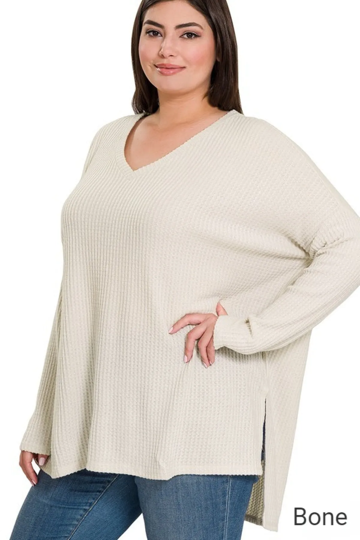 Zenana Plus Brushed Thermal Waffle V-Neck Sweater
