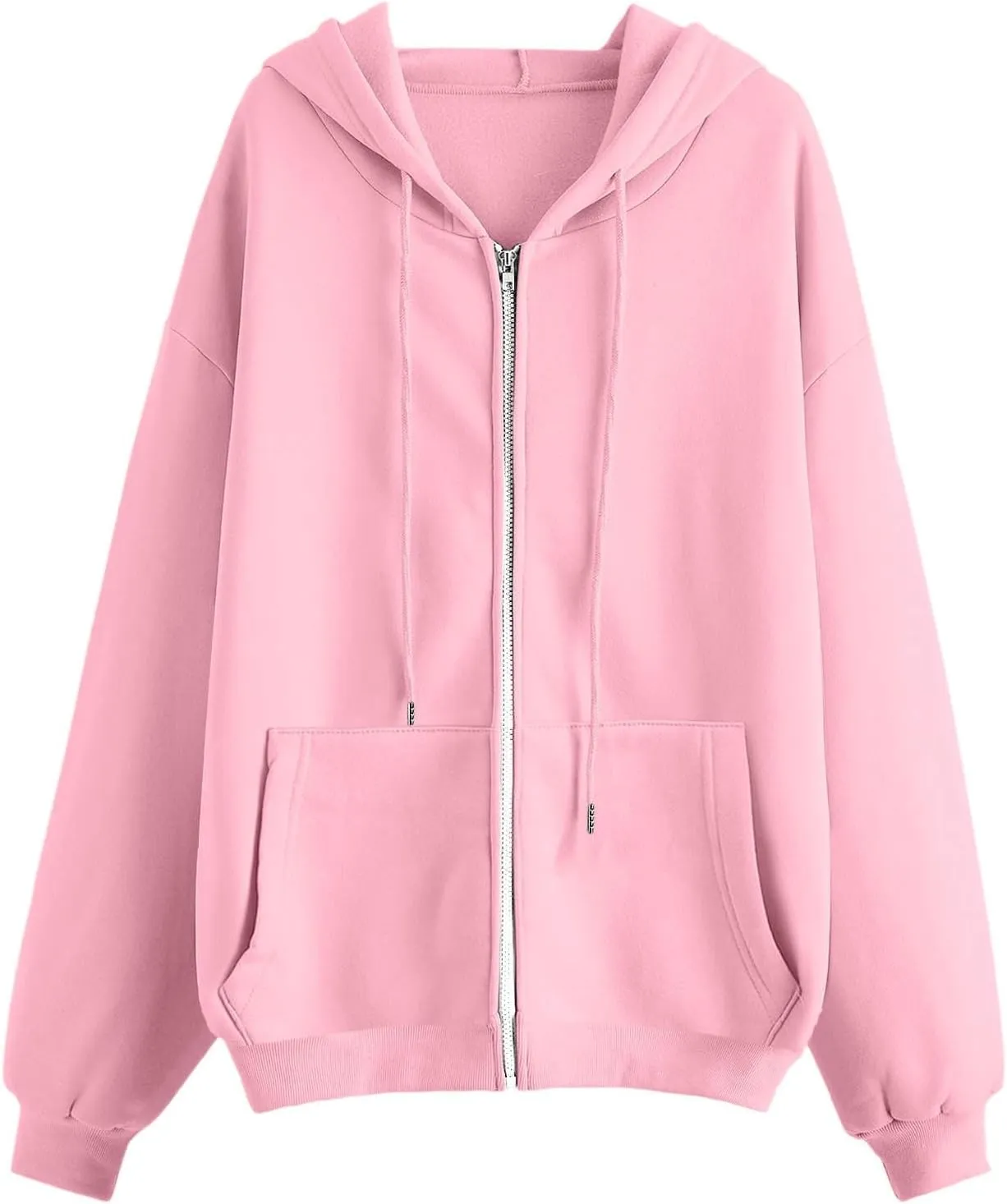 Zip Up Hoodies Womens Long Sleeve Oversized Sweatshirts Solid Color Casual Sweater Fleece Jackets with Pockets