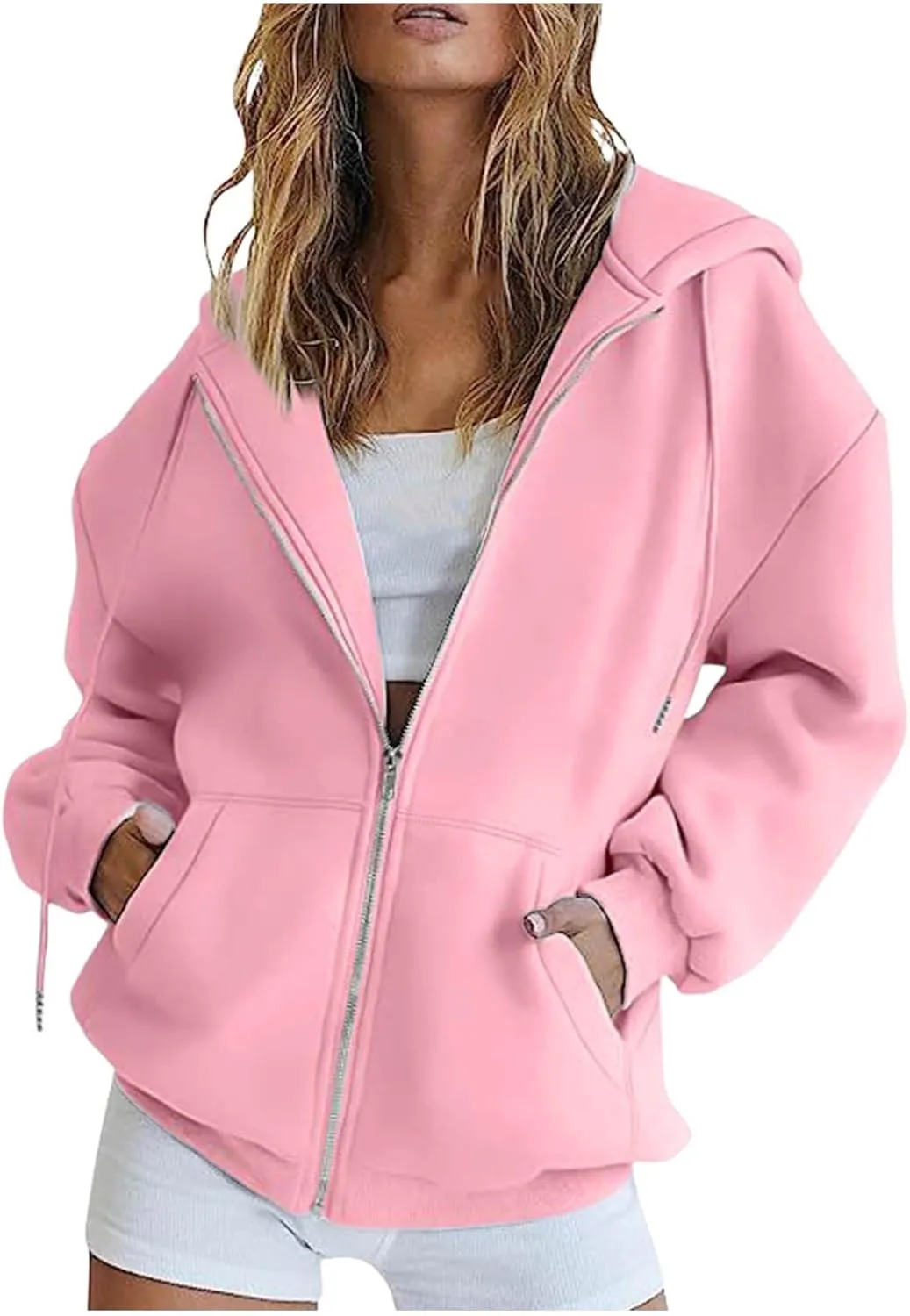 Zip Up Hoodies Womens Long Sleeve Oversized Sweatshirts Solid Color Casual Sweater Fleece Jackets with Pockets